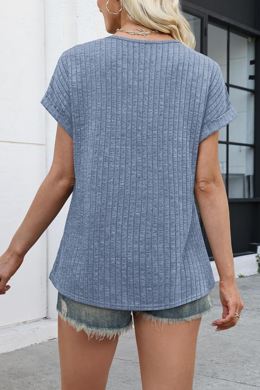 image:imageWIHOLL Women Lightweight Textured Shirts Casual Short Sleeve Tunic Tops Loose Fit 2026 Summer Spring Blouses PlainPrintBlue