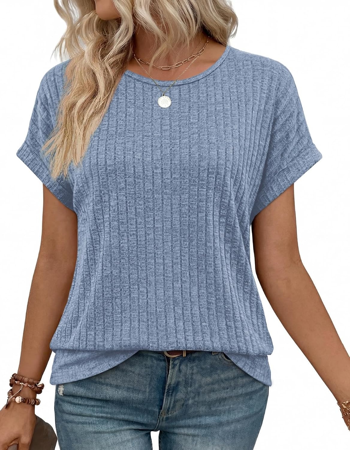 image:imageWIHOLL Women Lightweight Textured Shirts Casual Short Sleeve Tunic Tops Loose Fit 2026 Summer Spring Blouses PlainPrintBlue