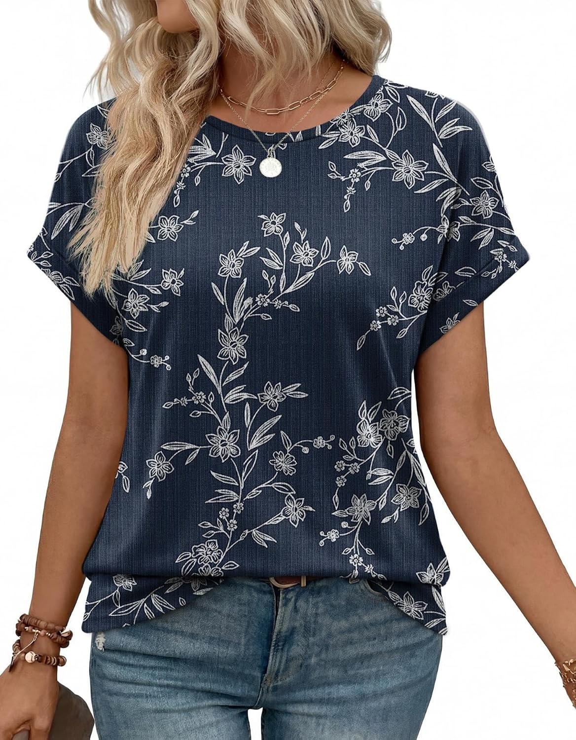 image:imageWIHOLL Women Lightweight Textured Shirts Casual Short Sleeve Tunic Tops Loose Fit 2026 Summer Spring Blouses PlainPrintBlue Floral