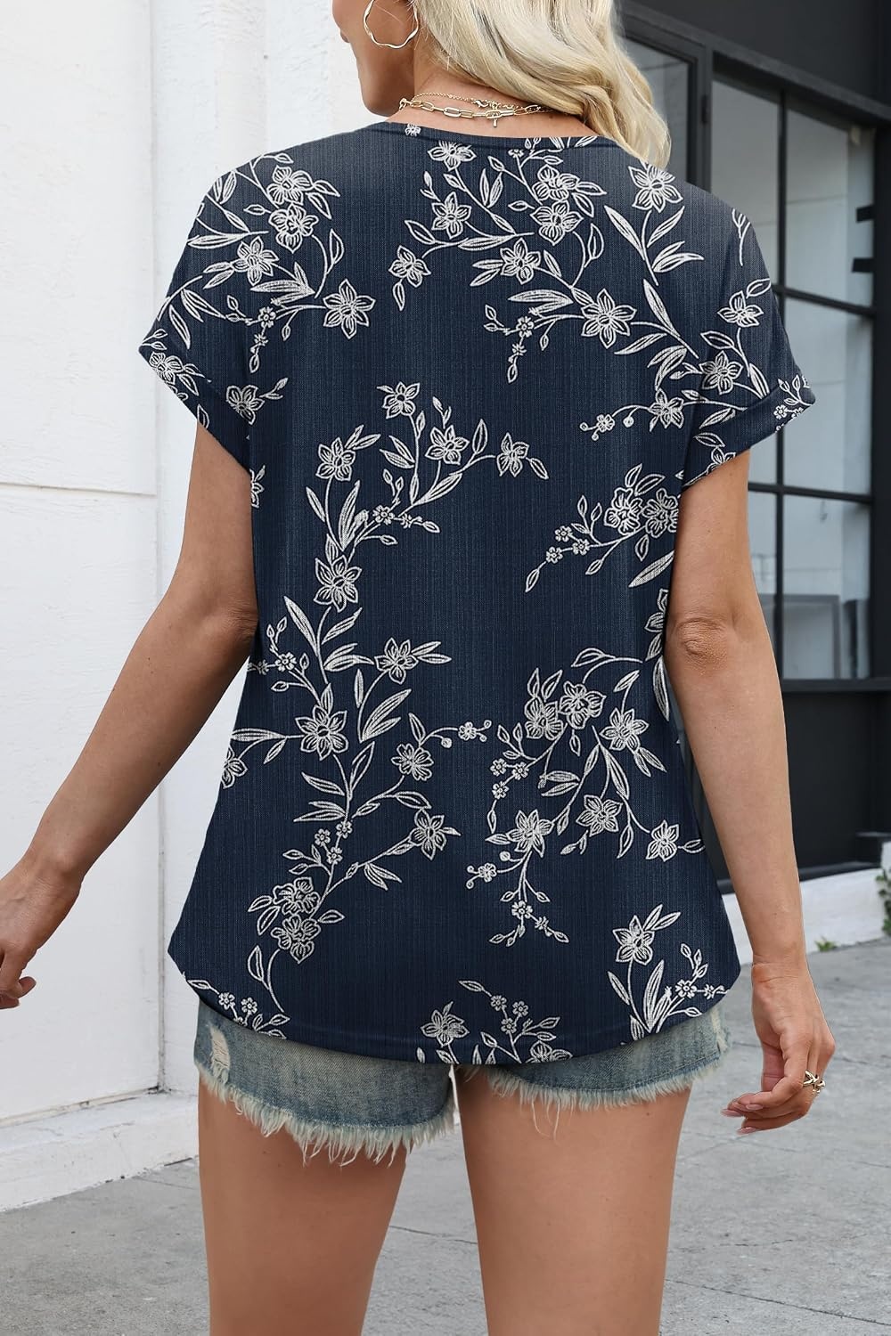 image:imageWIHOLL Women Lightweight Textured Shirts Casual Short Sleeve Tunic Tops Loose Fit 2026 Summer Spring Blouses PlainPrintBlue Floral