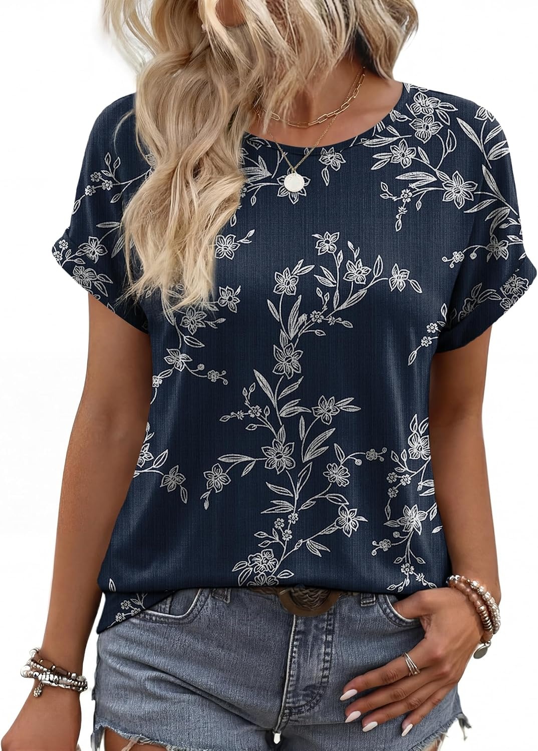 image:imageWIHOLL Women Lightweight Textured Shirts Casual Short Sleeve Tunic Tops Loose Fit 2026 Summer Spring Blouses PlainPrintBlue Floral