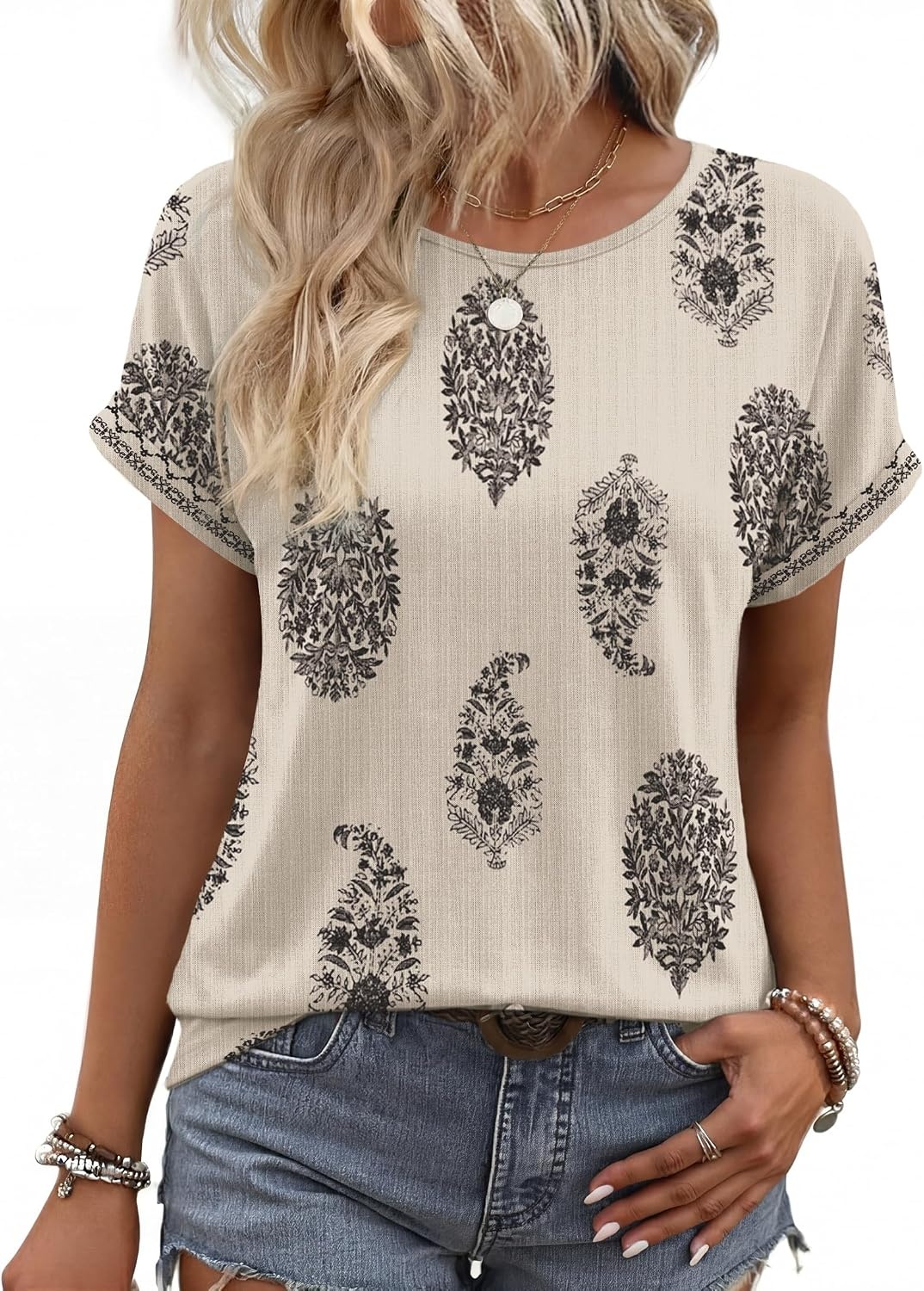 image:imageWIHOLL Women Lightweight Textured Shirts Casual Short Sleeve Tunic Tops Loose Fit 2026 Summer Spring Blouses PlainPrintBoho
