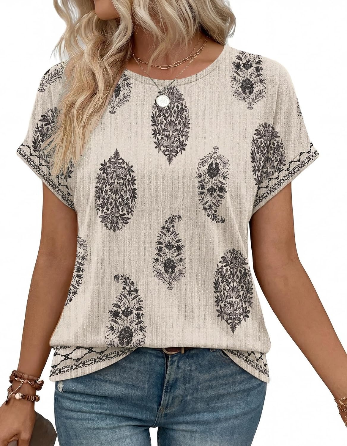 image:imageWIHOLL Women Lightweight Textured Shirts Casual Short Sleeve Tunic Tops Loose Fit 2026 Summer Spring Blouses PlainPrintBoho
