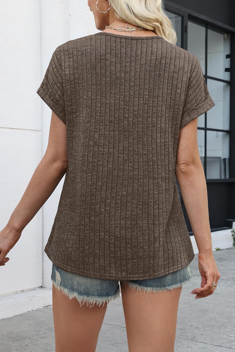 image:imageWIHOLL Women Lightweight Textured Shirts Casual Short Sleeve Tunic Tops Loose Fit 2026 Summer Spring Blouses PlainPrintCoffee
