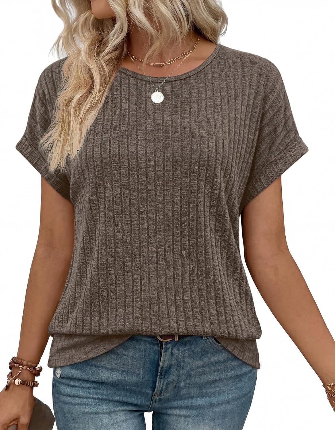 image:imageWIHOLL Women Lightweight Textured Shirts Casual Short Sleeve Tunic Tops Loose Fit 2026 Summer Spring Blouses PlainPrintCoffee