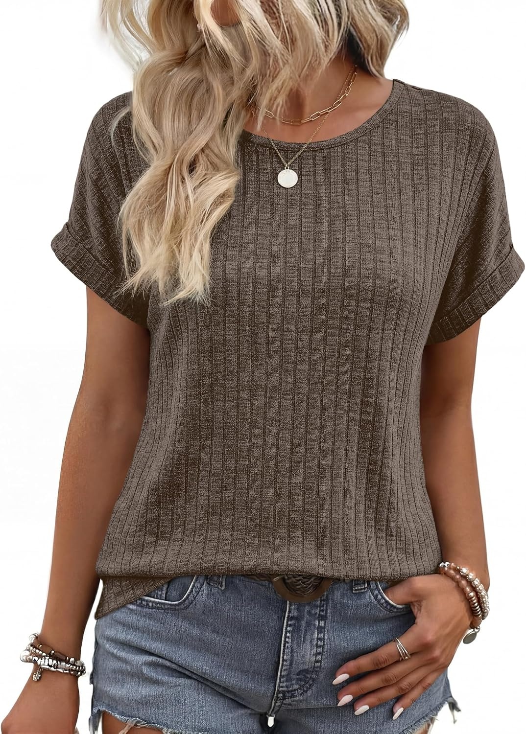 image:imageWIHOLL Women Lightweight Textured Shirts Casual Short Sleeve Tunic Tops Loose Fit 2026 Summer Spring Blouses PlainPrintCoffee