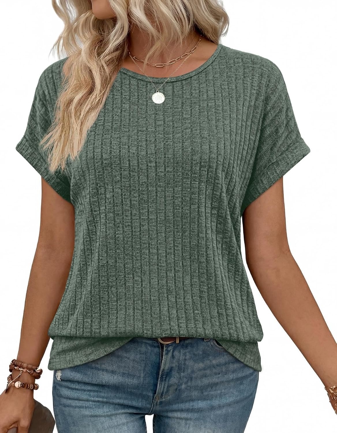 image:imageWIHOLL Women Lightweight Textured Shirts Casual Short Sleeve Tunic Tops Loose Fit 2026 Summer Spring Blouses PlainPrintGreen