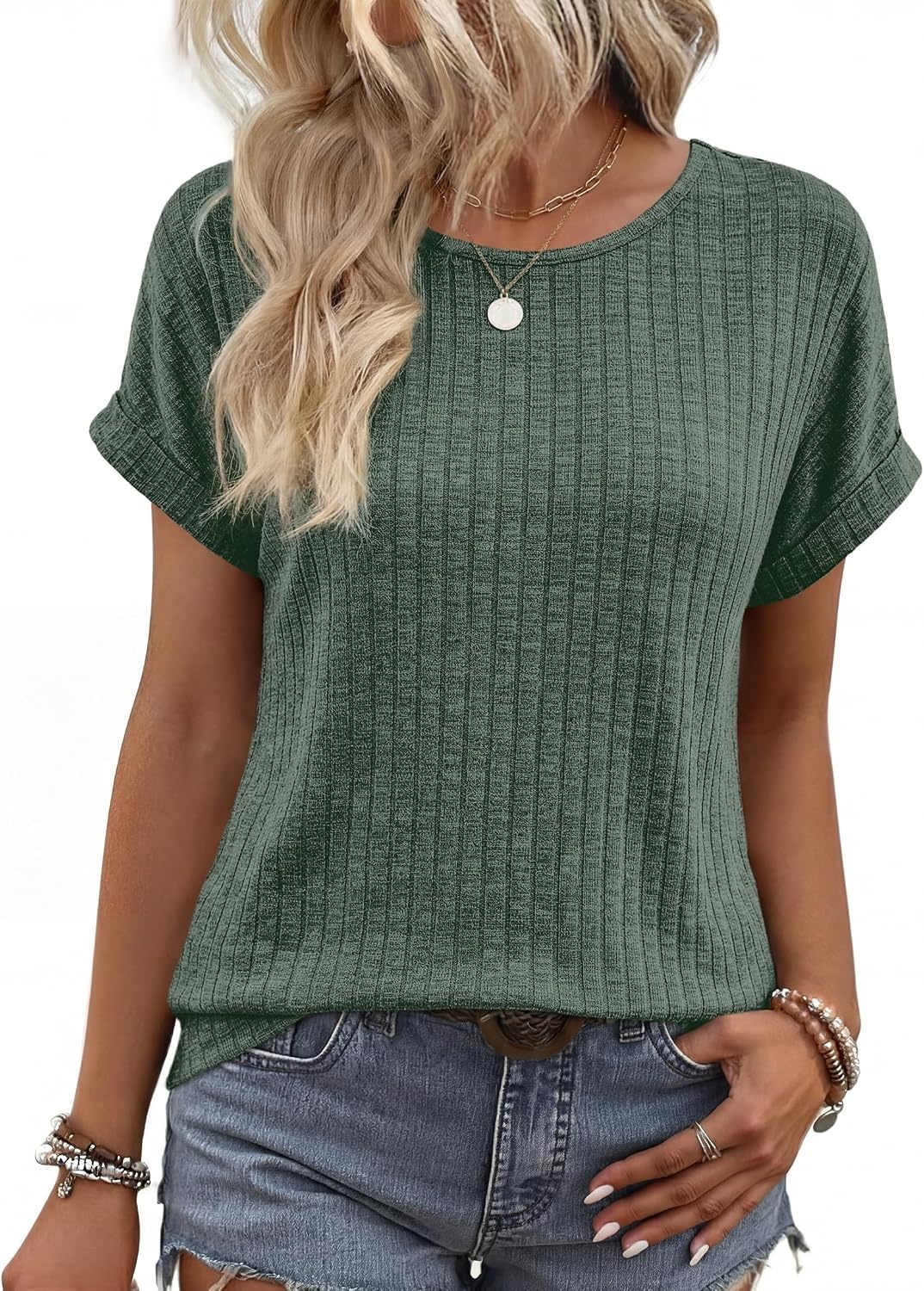 image:imageWIHOLL Women Lightweight Textured Shirts Casual Short Sleeve Tunic Tops Loose Fit 2026 Summer Spring Blouses PlainPrintGreen