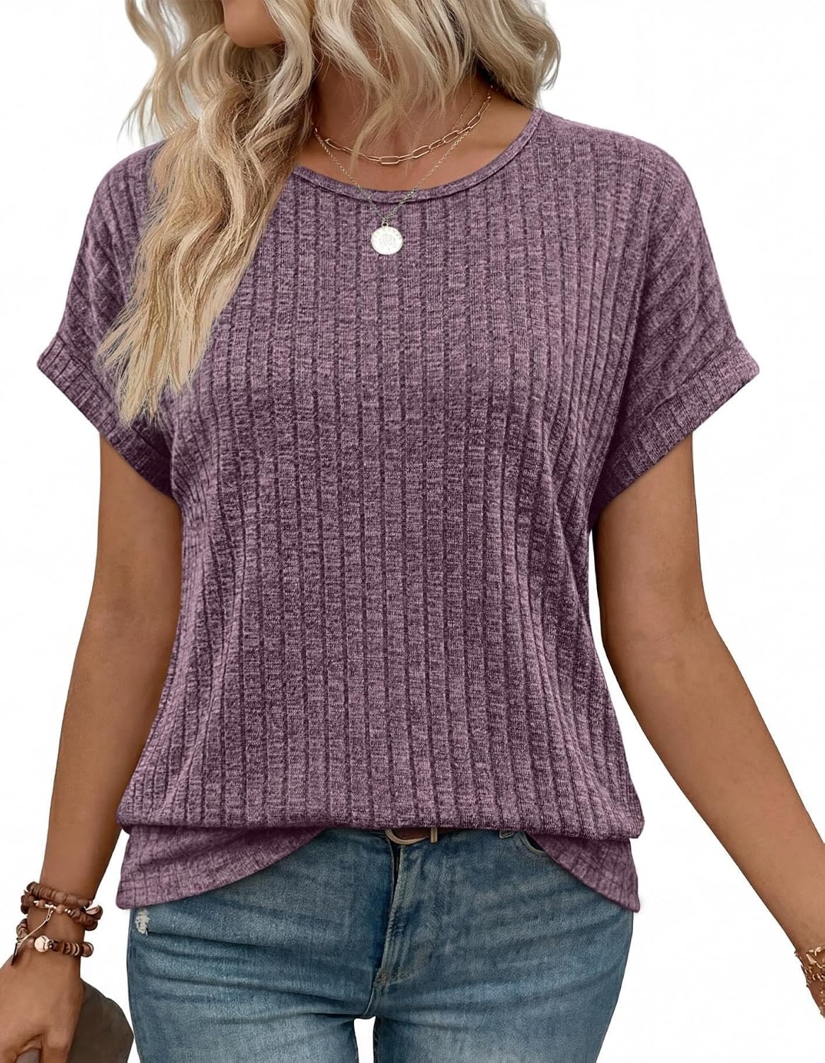 image:imageWIHOLL Women Lightweight Textured Shirts Casual Short Sleeve Tunic Tops Loose Fit 2026 Summer Spring Blouses PlainPrintPurple Red