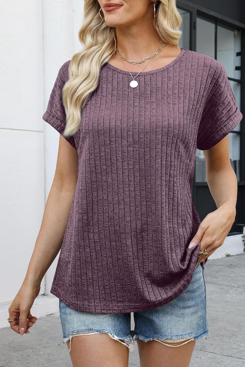 image:imageWIHOLL Women Lightweight Textured Shirts Casual Short Sleeve Tunic Tops Loose Fit 2026 Summer Spring Blouses PlainPrintPurple Red