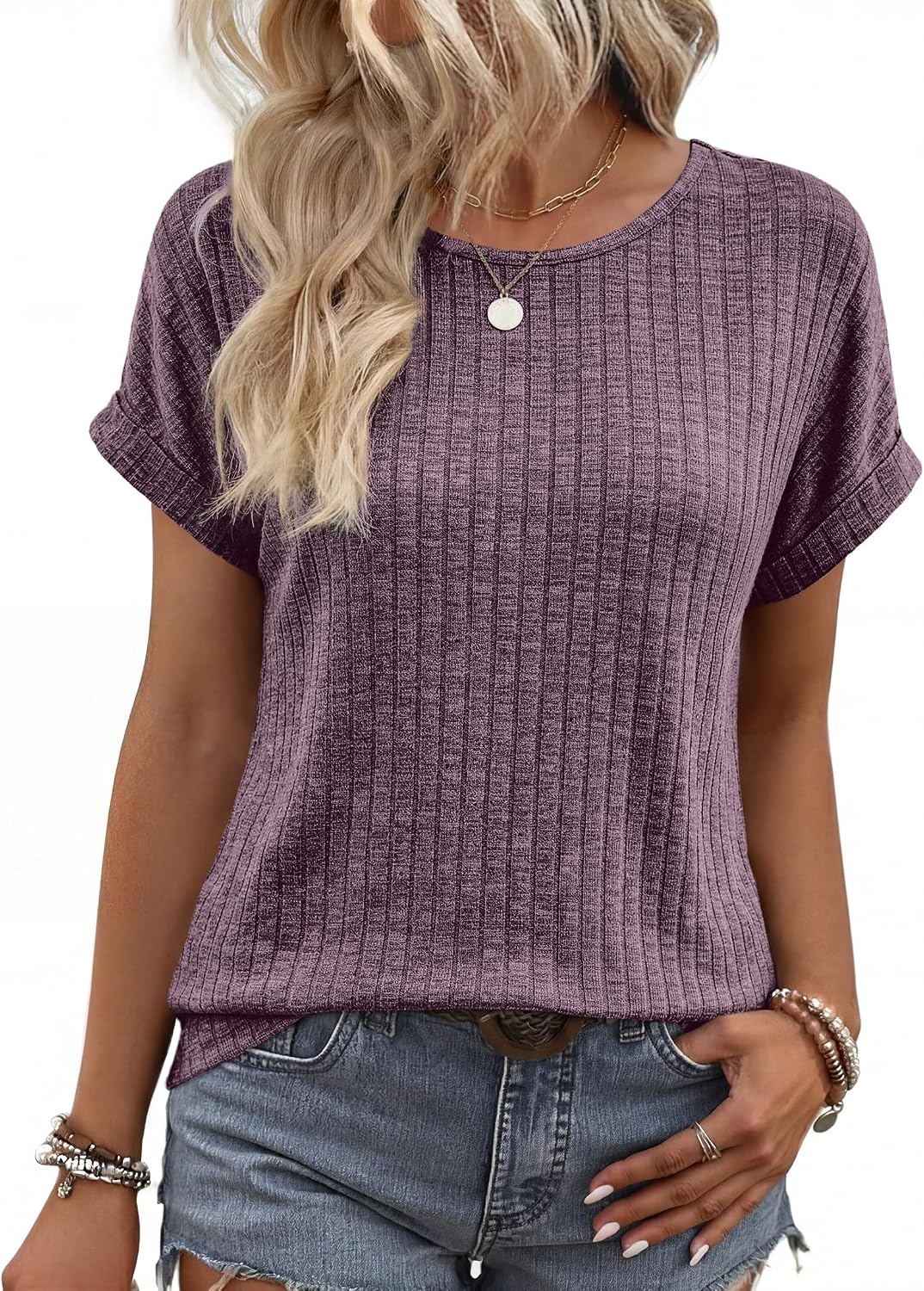 image:imageWIHOLL Women Lightweight Textured Shirts Casual Short Sleeve Tunic Tops Loose Fit 2026 Summer Spring Blouses PlainPrintPurple Red