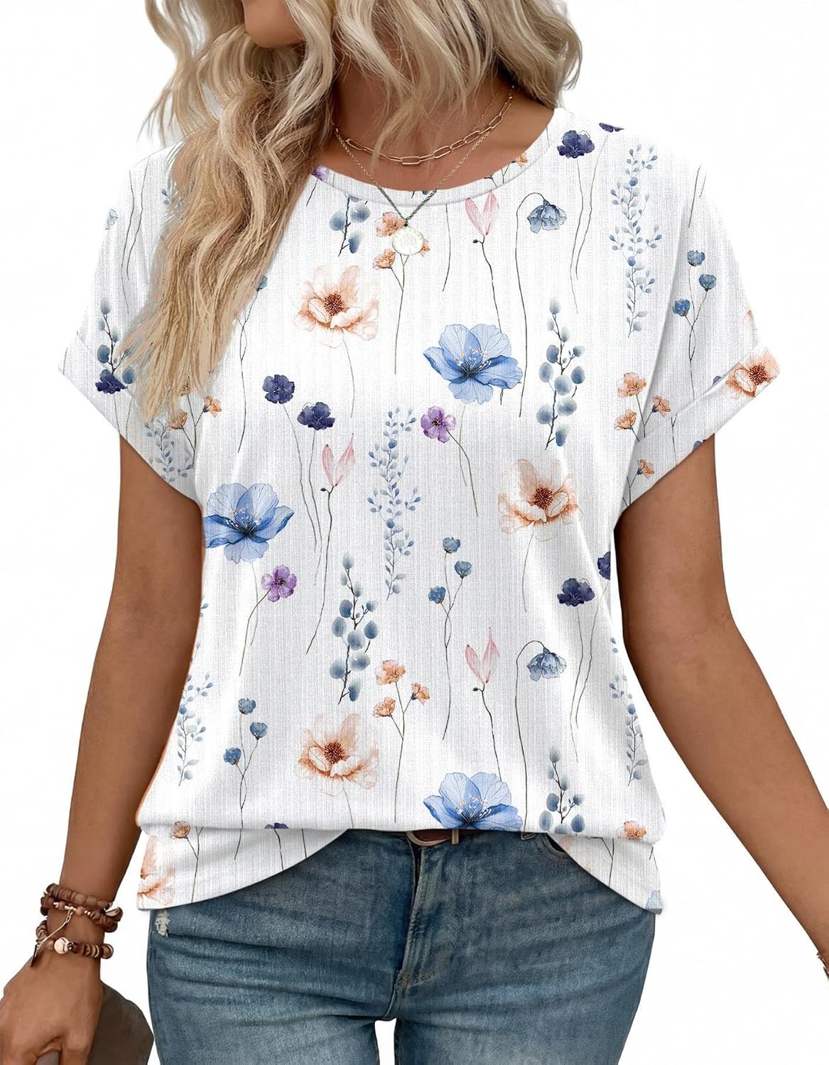 image:imageWIHOLL Women Lightweight Textured Shirts Casual Short Sleeve Tunic Tops Loose Fit 2026 Summer Spring Blouses PlainPrintWhite Floral