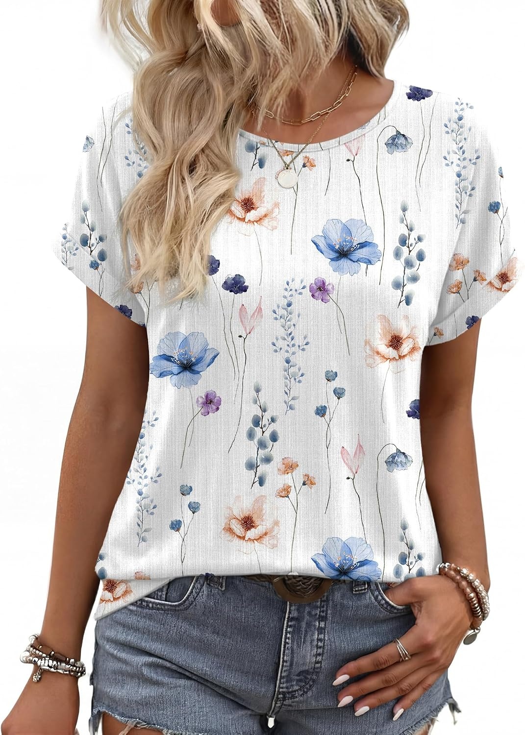 image:imageWIHOLL Women Lightweight Textured Shirts Casual Short Sleeve Tunic Tops Loose Fit 2026 Summer Spring Blouses PlainPrintWhite Floral