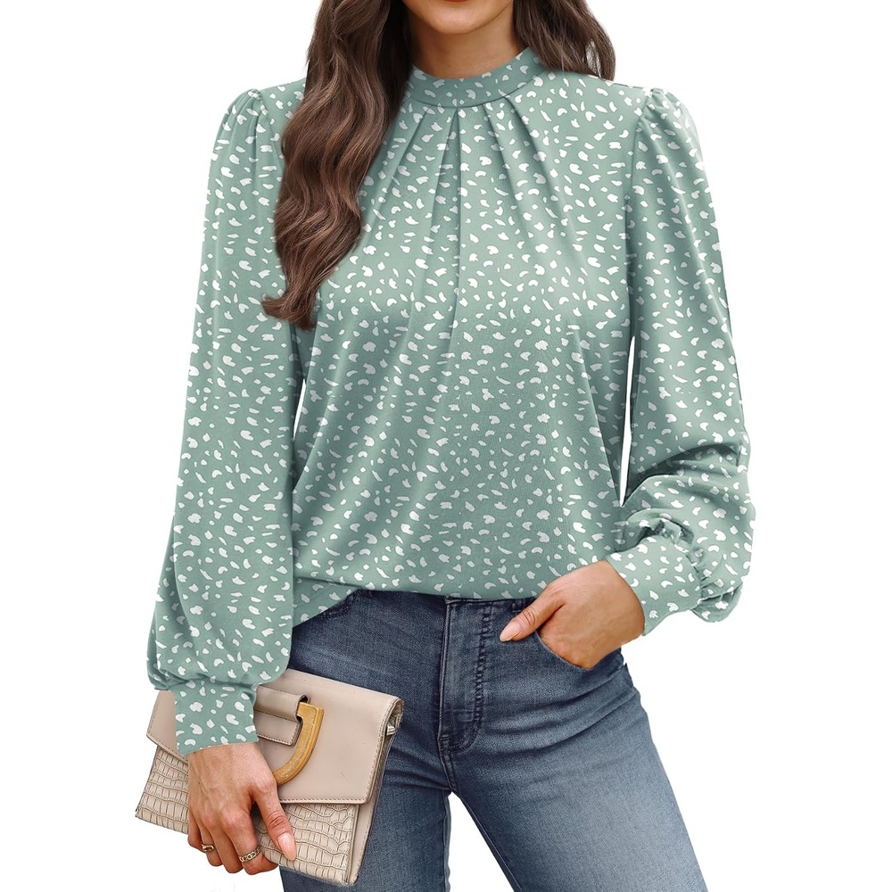 image:imageWIHOLL Long Sleeve Shirts for Women Mock Neck Tops Pleated Front Blouses Dressy Casual Spring Fall Clothes 2026 Fashion03 Sage Green Dots