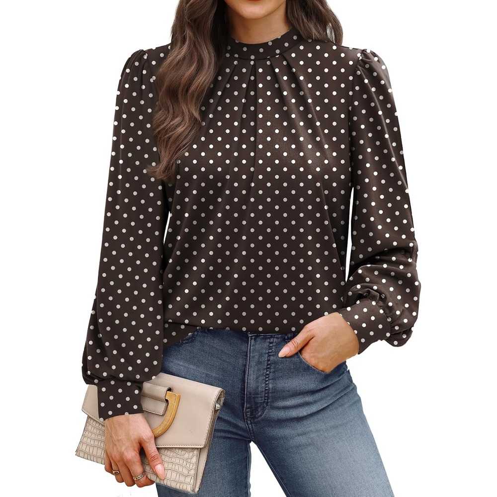 image:imageWIHOLL Long Sleeve Shirts for Women Mock Neck Tops Pleated Front Blouses Dressy Casual Spring Fall Clothes 2026 Fashion04  Brown Polka Dot