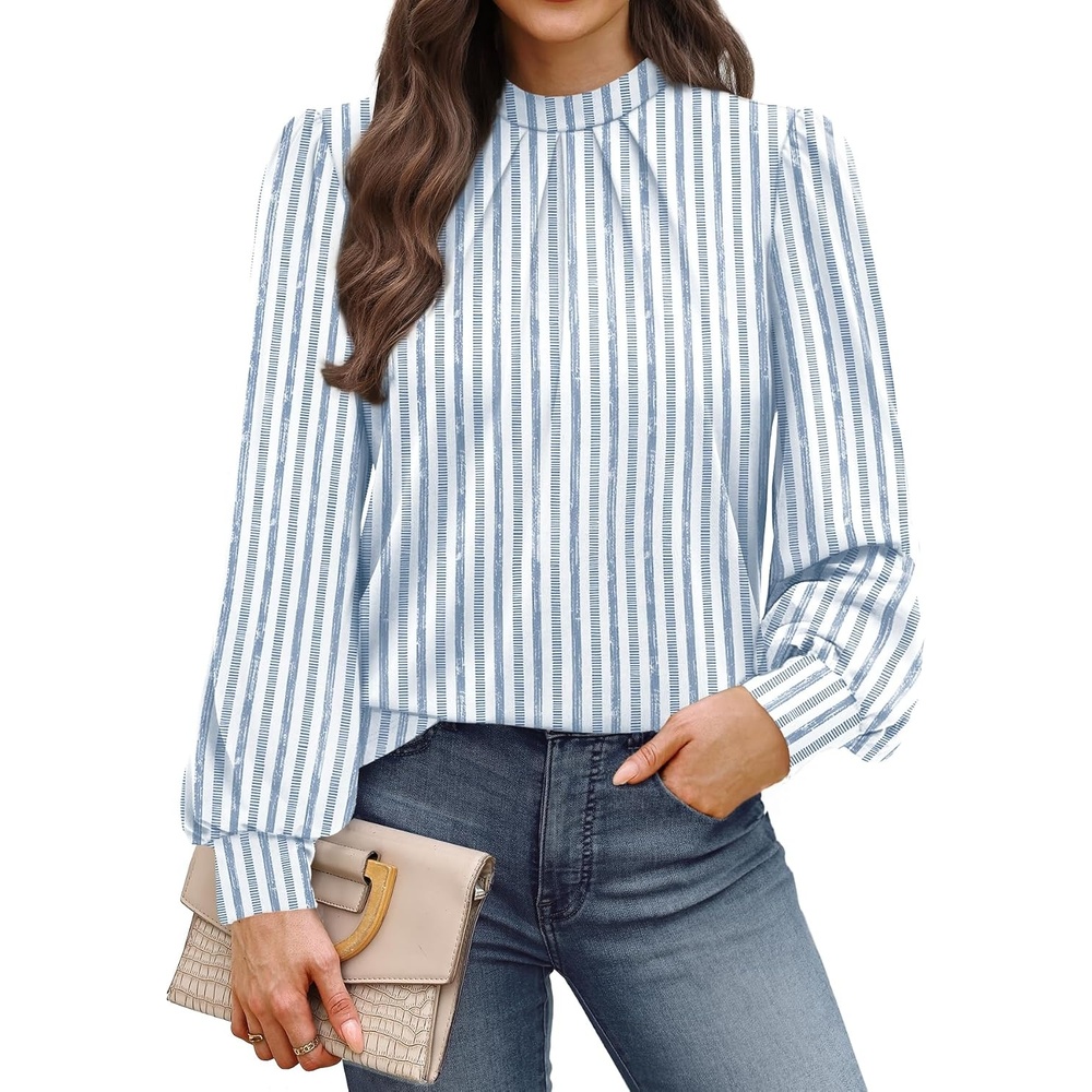 image:imageWIHOLL Long Sleeve Shirts for Women Mock Neck Tops Pleated Front Blouses Dressy Casual Spring Fall Clothes 2026 Fashion05  Light Blue Stripe