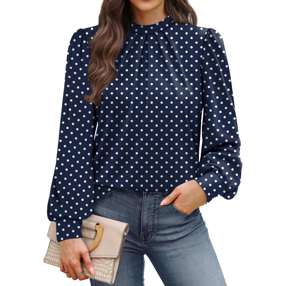 image:imageWIHOLL Long Sleeve Shirts for Women Mock Neck Tops Pleated Front Blouses Dressy Casual Spring Fall Clothes 2026 Fashion05  Navy Blue Polka Dot