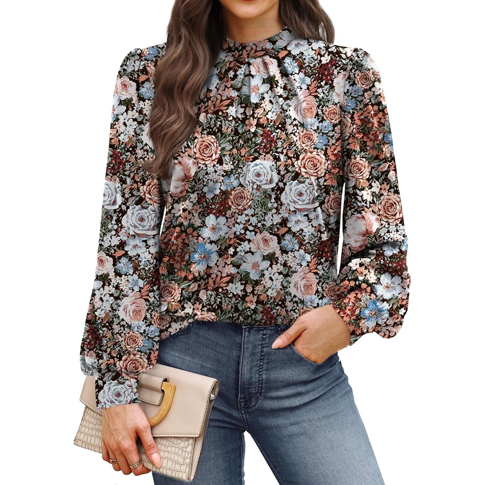 image:imageWIHOLL Long Sleeve Shirts for Women Mock Neck Tops Pleated Front Blouses Dressy Casual Spring Fall Clothes 2026 Fashion05  Vintage Pink Floral