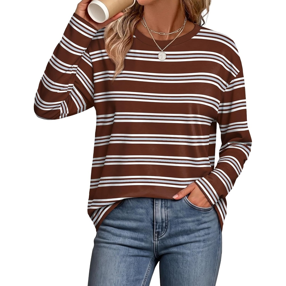 image:imageWIHOLL Long Sleeve Shirts for Women Stripe Tops Loose Oversized Fall OutfitBrown White Blue