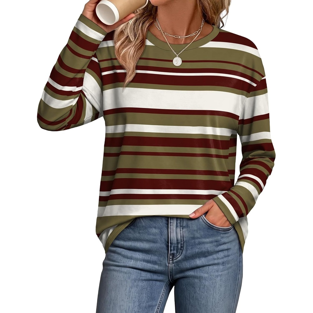 image:imageWIHOLL Long Sleeve Shirts for Women Stripe Tops Loose Oversized Fall OutfitGreen Brown