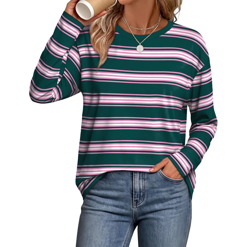 image:imageWIHOLL Long Sleeve Shirts for Women Stripe Tops Loose Oversized Fall OutfitGreen Pink