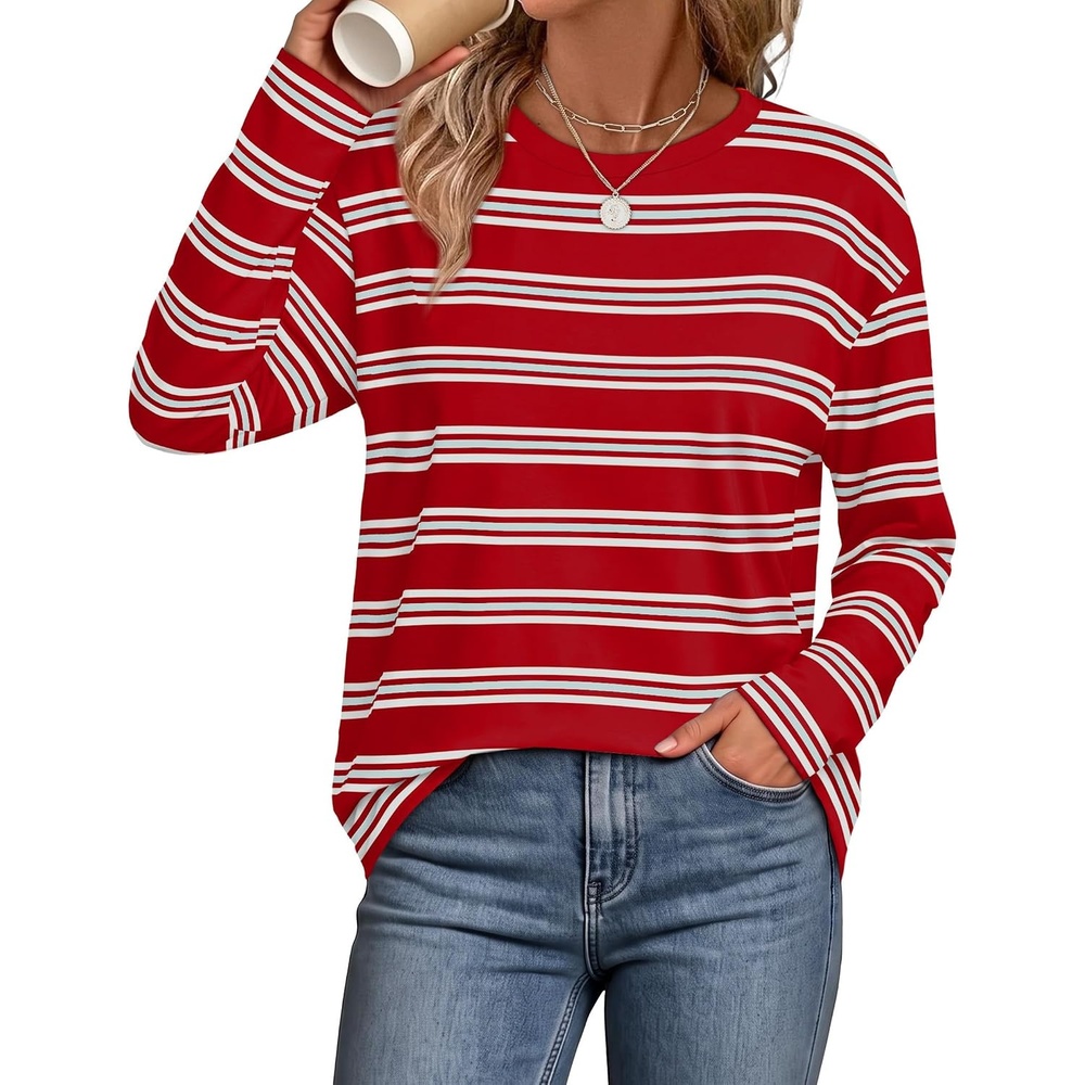 image:imageWIHOLL Long Sleeve Shirts for Women Stripe Tops Loose Oversized Fall OutfitRed White