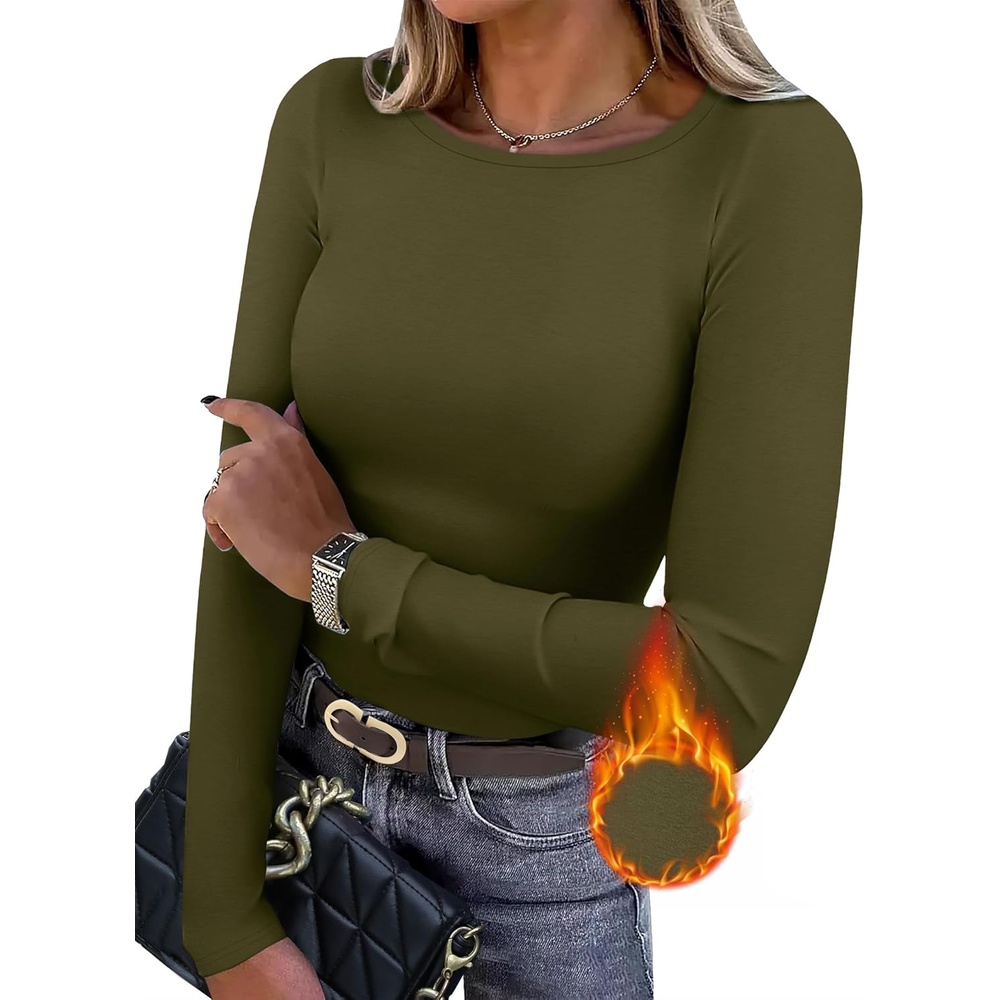 image:imageWIHOLL Long Sleeve Thermal Shirt for Women Light Fleece Tops Fall 2026 Crew Neck Casual Basic TShirtsEarmy Green