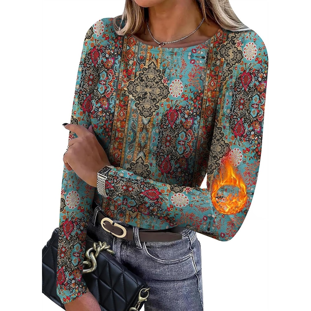 image:imageWIHOLL Long Sleeve Thermal Shirt for Women Light Fleece Tops Fall 2026 Crew Neck Casual Basic TShirtsPrint 03
