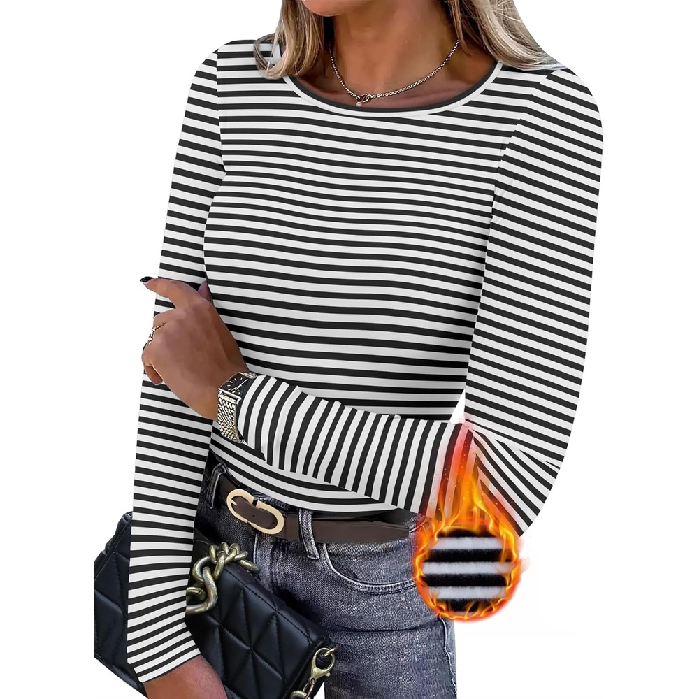 image:imageWIHOLL Long Sleeve Thermal Shirt for Women Light Fleece Tops Fall 2026 Crew Neck Casual Basic TShirtsStripe Black