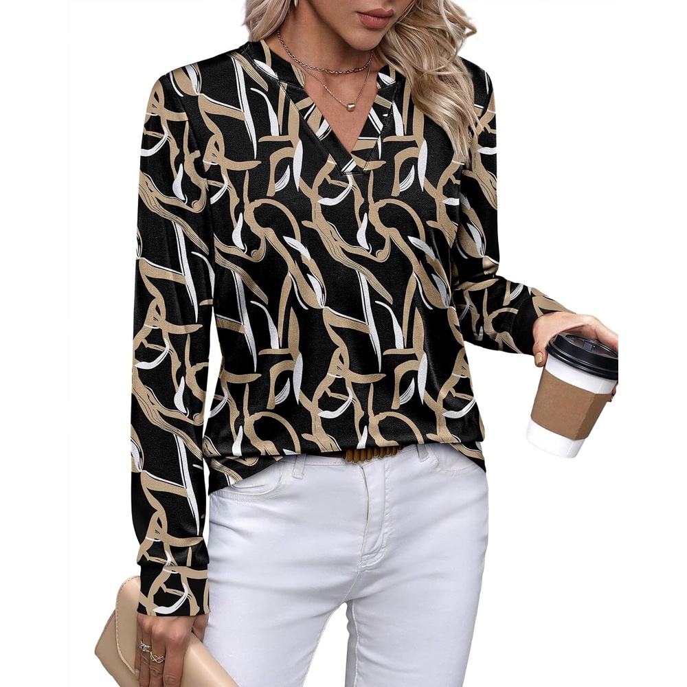 image:imageWIHOLL V Neck Business Casual Tops Fall Blouses Trendy Long Sleeve ShirtsBlack Gold Lines