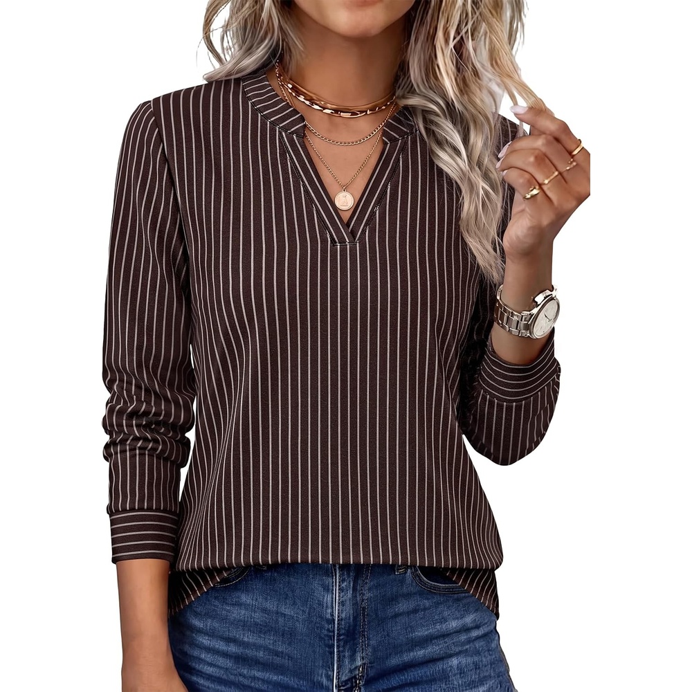 image:imageWIHOLL V Neck Business Casual Tops Fall Blouses Trendy Long Sleeve ShirtsDark Brown Stripe