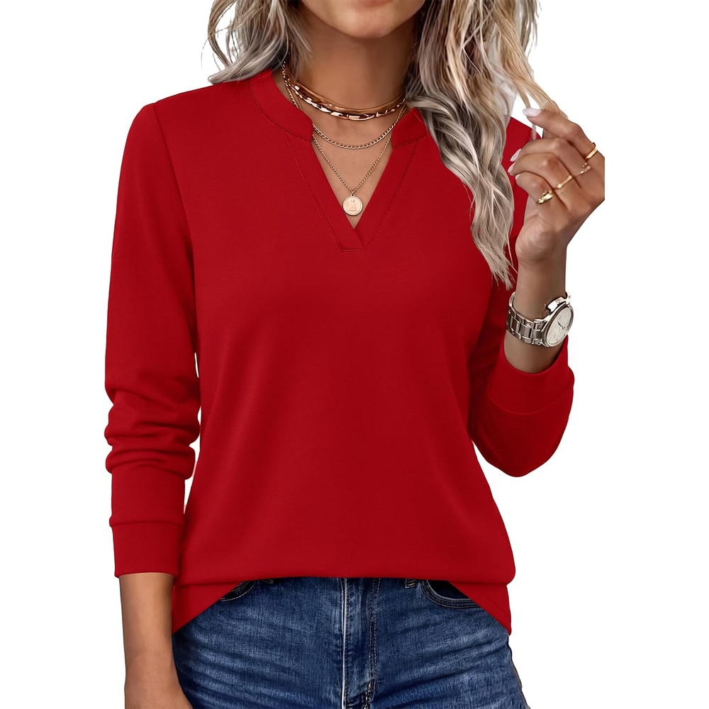 image:imageWIHOLL V Neck Business Casual Tops Fall Blouses Trendy Long Sleeve ShirtsRed