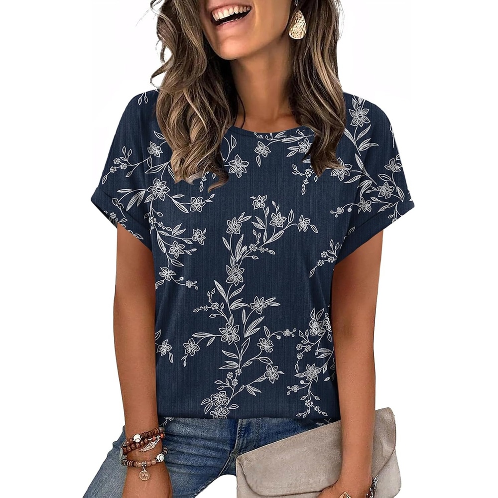 image:imageWIHOLL Women Lightweight Textured Shirts Casual Short Sleeve Tunic Tops Loose Fit 2026 Summer Spring Blouses PlainPrintBlue Floral