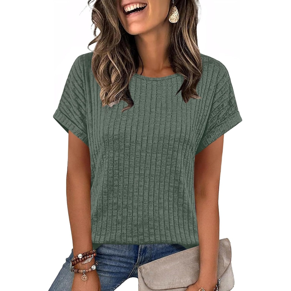 image:imageWIHOLL Women Lightweight Textured Shirts Casual Short Sleeve Tunic Tops Loose Fit 2026 Summer Spring Blouses PlainPrintGreen