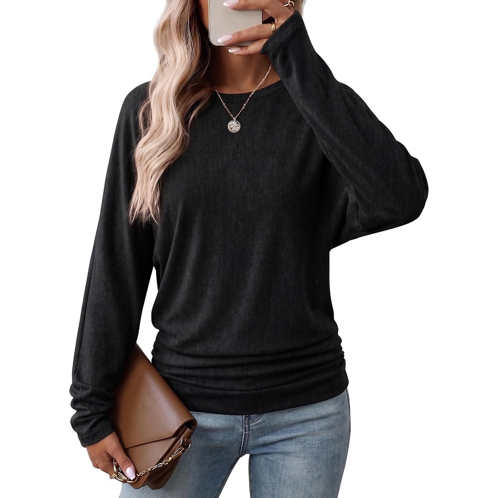 image:imageWIHOLL Womens Long Sleeve Shirts Ruched Hem Fall Tops Lightweight SweatersBlack