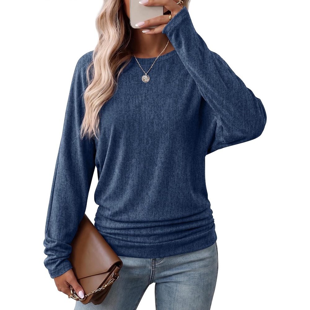 image:imageWIHOLL Womens Long Sleeve Shirts Ruched Hem Fall Tops Lightweight SweatersBlue