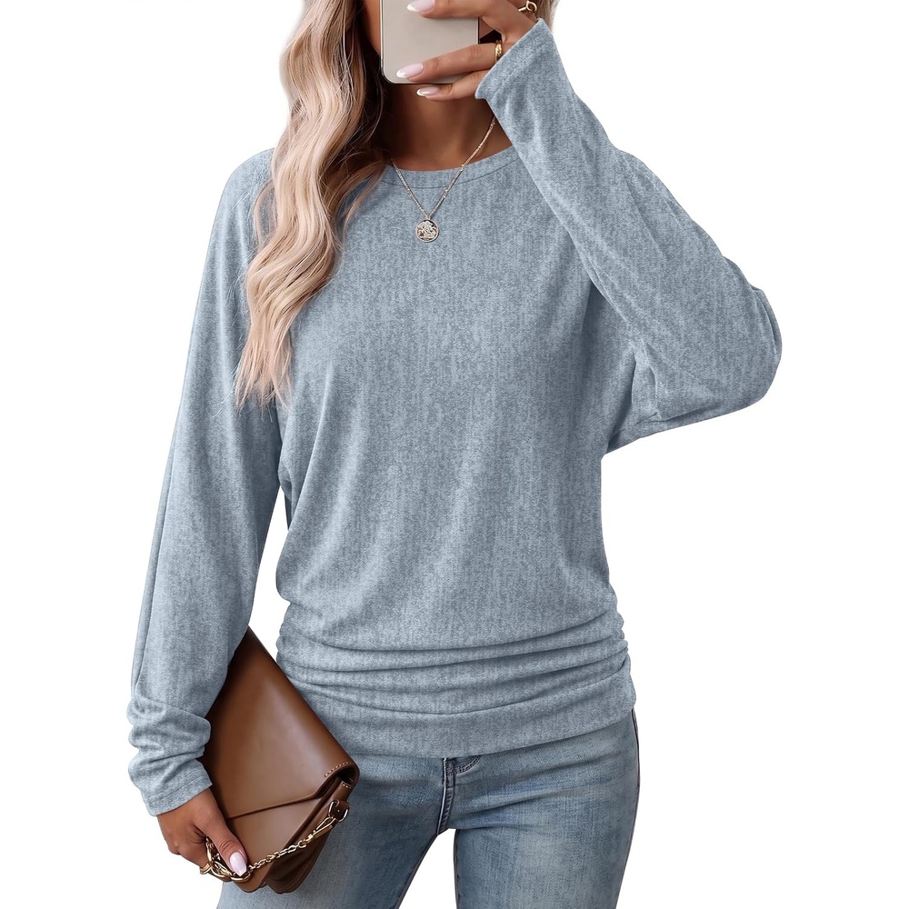 image:imageWIHOLL Womens Long Sleeve Shirts Ruched Hem Fall Tops Lightweight SweatersDusty Blue