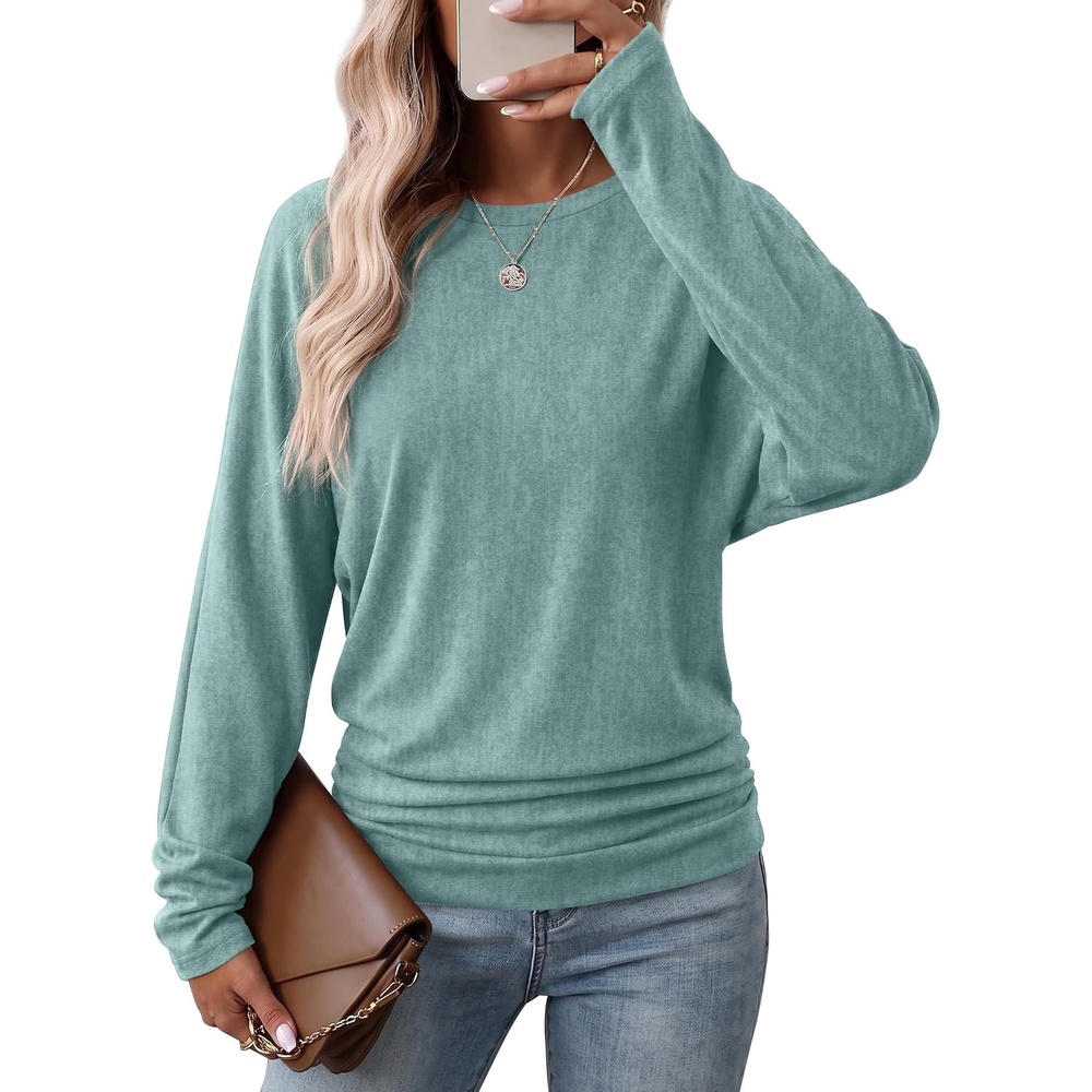 image:imageWIHOLL Womens Long Sleeve Shirts Ruched Hem Fall Tops Lightweight SweatersSage Green
