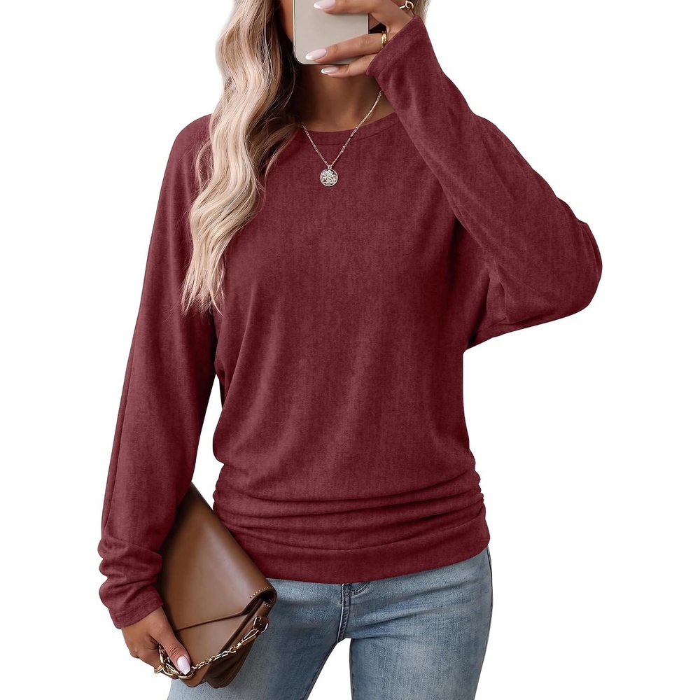 image:imageWIHOLL Womens Long Sleeve Shirts Ruched Hem Fall Tops Lightweight SweatersWine Red