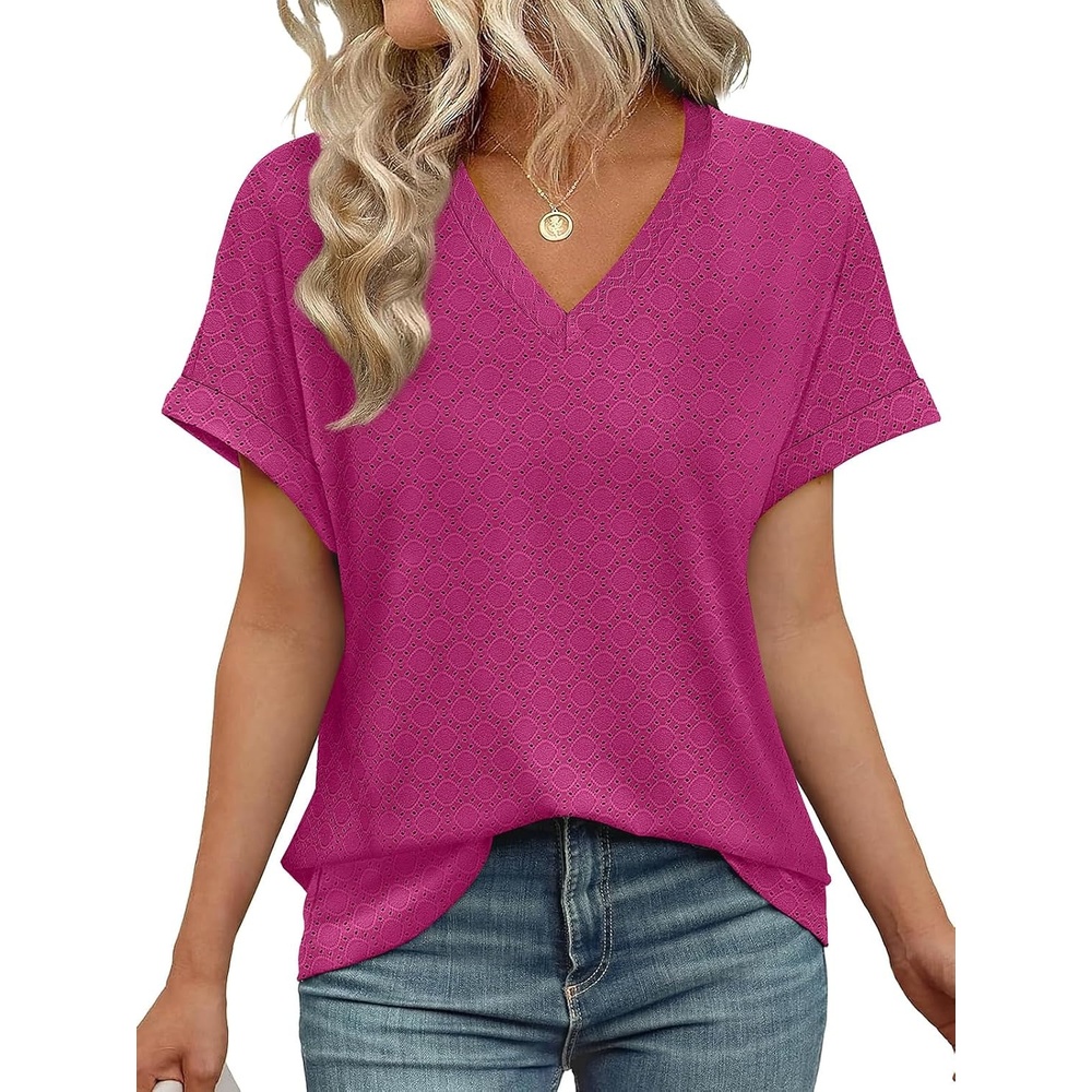 image:imageWIHOLL Womens Tops Short Sleeve Basic Summer V Neck T Shirts Dressy Casual Loose Fit Eyelet Tees Cute Flowy Fashion OutfitsHot Pink
