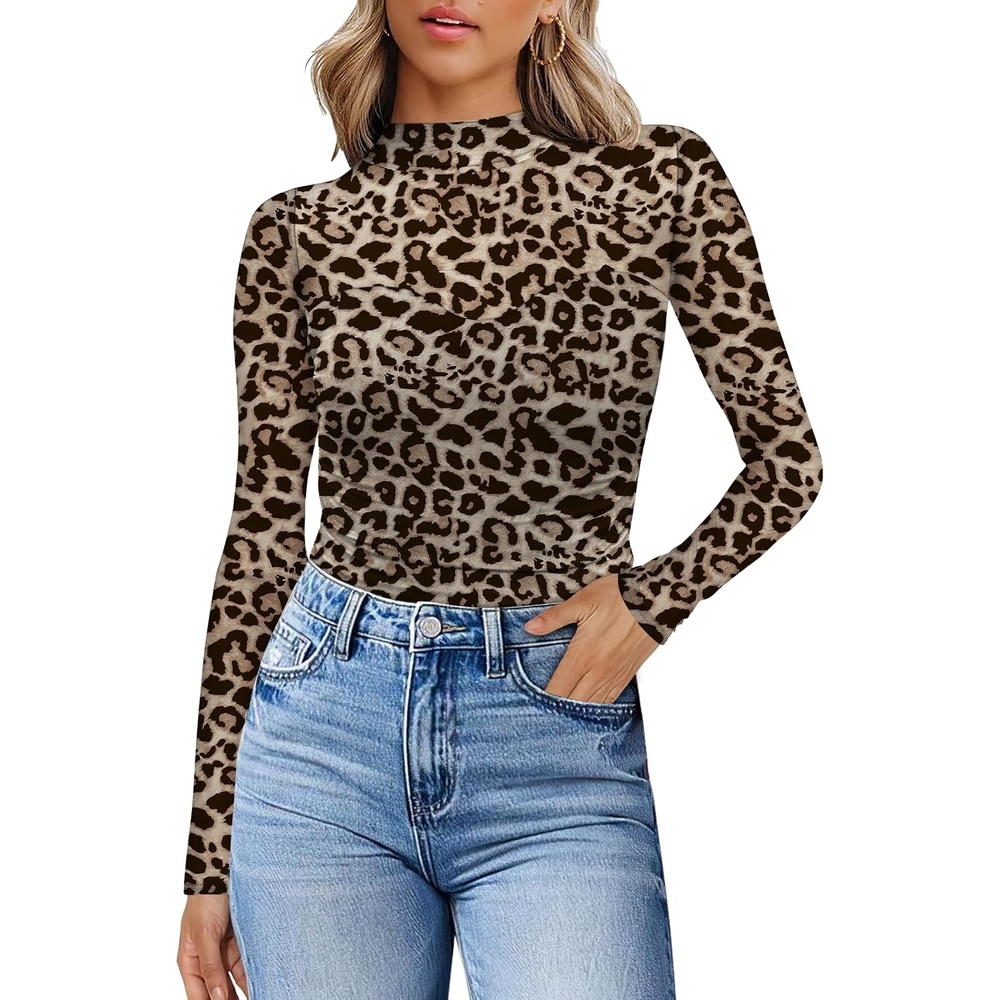 image:imageWomens Sexy Mesh Long Sleeve Shirts Fashion Clothing Turtle Necks Sheer Ruched Going Out Tops Fall Outfits Slim Fit BlousesBrown Leopard