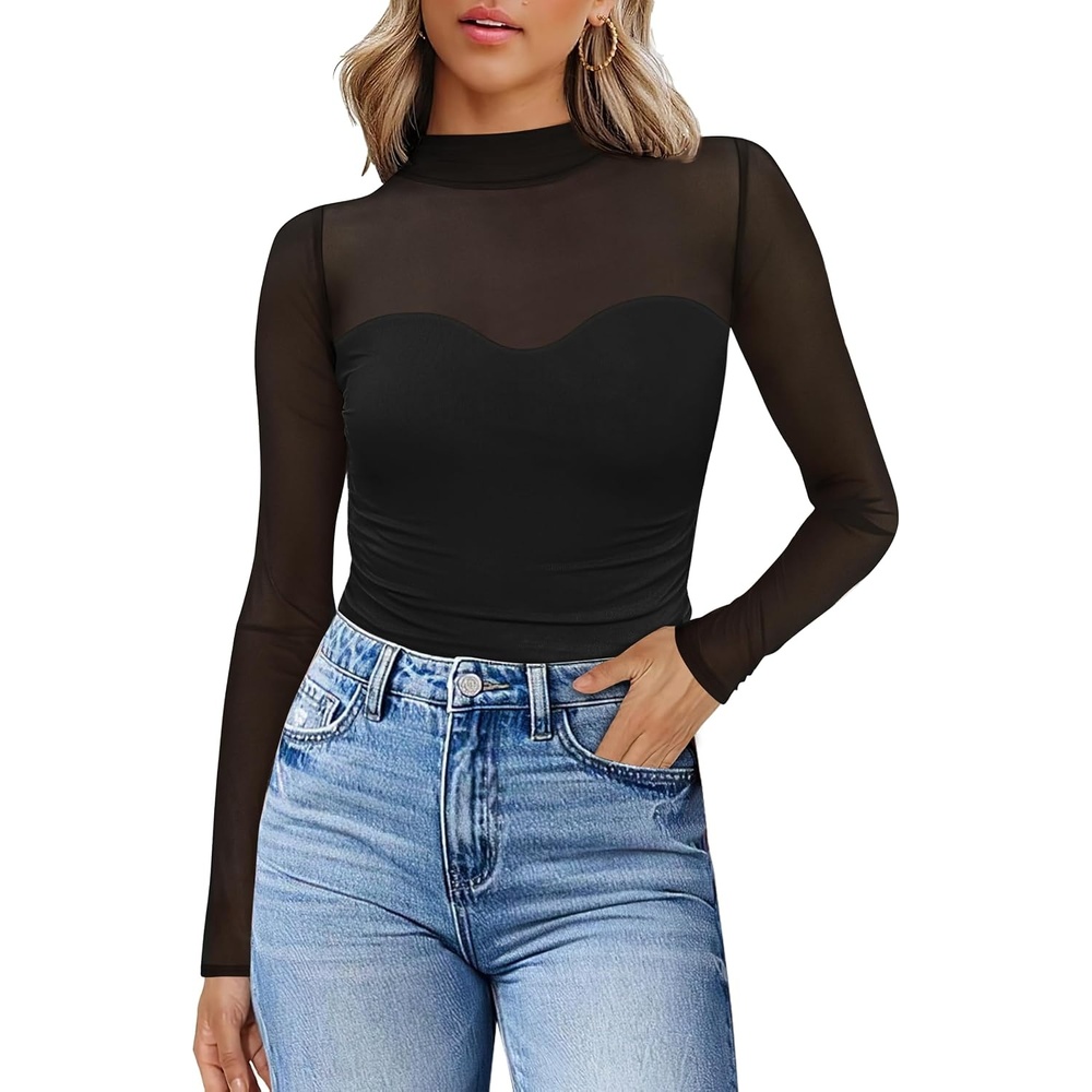 image:imageWomens Sexy Mesh Long Sleeve Shirts Fashion Clothing Turtle Necks Sheer Ruched Going Out Tops Fall Outfits Slim Fit BlousesPblack
