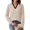 WIHOLL V Neck Business Casual Tops Fall Blouses Trendy Long Sleeve Shirts(Apricot With Black)