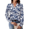 WIHOLL V Neck Business Casual Tops Fall Blouses Trendy Long Sleeve Shirts(Boho Blue Floral Print)