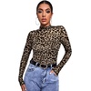 Womens Sexy Mesh Long Sleeve Shirts Fashion Clothing Turtle Necks Sheer Ruched Going Out Tops Fall Outfits Slim Fit Blouses(Brown Leopard)