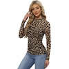 Womens Sexy Mesh Long Sleeve Shirts Fashion Clothing Turtle Necks Sheer Ruched Going Out Tops Fall Outfits Slim Fit Blouses(Brown Leopard)