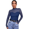 Womens Sexy Mesh Long Sleeve Shirts Fashion Clothing Turtle Necks Sheer Ruched Going Out Tops Fall Outfits Slim Fit Blouses(P-navy Blue)