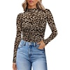 Womens Sexy Mesh Long Sleeve Shirts Fashion Clothing Turtle Necks Sheer Ruched Going Out Tops Fall Outfits Slim Fit Blouses(Brown Leopard)