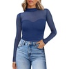Womens Sexy Mesh Long Sleeve Shirts Fashion Clothing Turtle Necks Sheer Ruched Going Out Tops Fall Outfits Slim Fit Blouses(P-navy Blue)