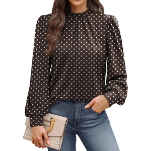 WIHOLL Long Sleeve Shirts for Women Mock Neck Tops Pleated Front Blouses Dressy Casual Spring Fall Clothes 2026 Fashion(04 – Brown Polka Dot)